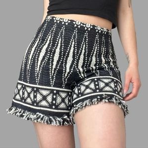 Tory Burch | Black & White Woven Fringed Hem Geometric High Waist Shorts size 0